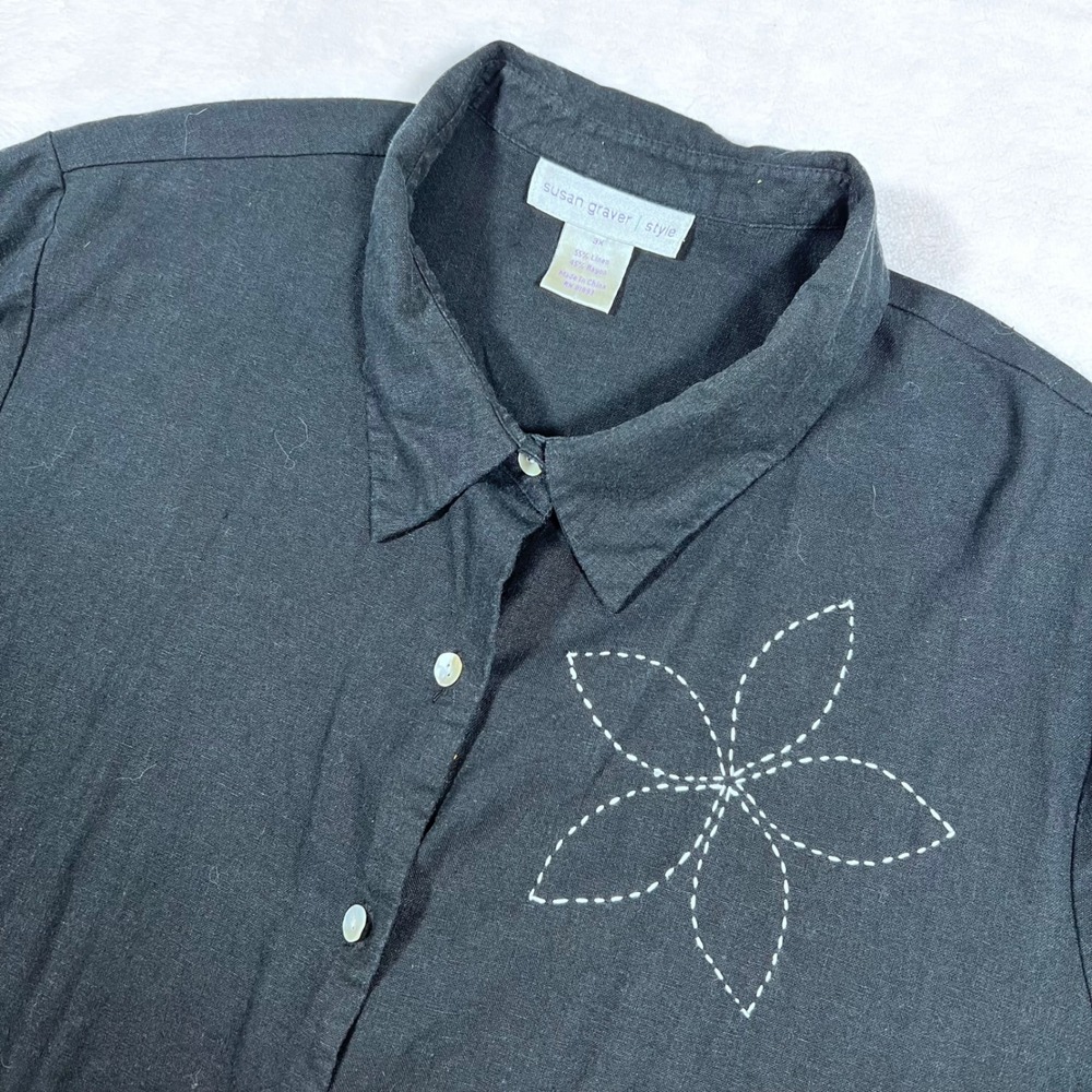 Susan Graver Style Linen Blend Button Down Top Floral Accents 3X‎ Lagenlook